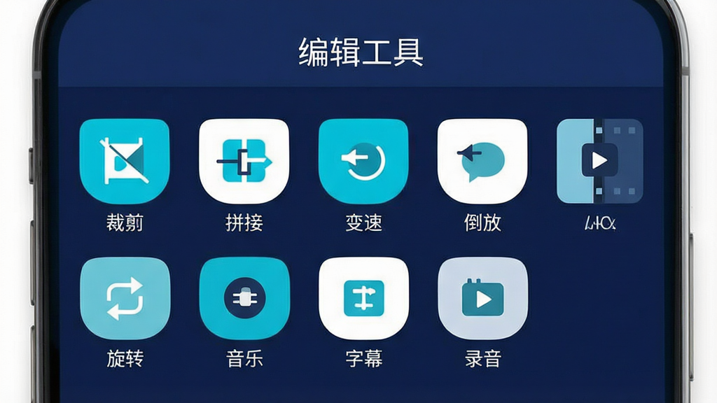 AI��ͼ��ʾ�ʣ��ֻ�Ӧ�ý����ͼ���չʾ���׼�����App�Ĺ��ܲ˵�ҳ�棬ҳ�����Ϊ���༭���ߡ����·����вü���ƴ�ӡ����١����š���ת�����֡���Ļ��¼����ͼ�갴ť��ÿ����ť�·������ı�ǩ����ɫΪ�������������ɫ����ɫͼ�꣬�������룬������ƽ�����ʸ��壬�ɾ��޶���Ԫ��