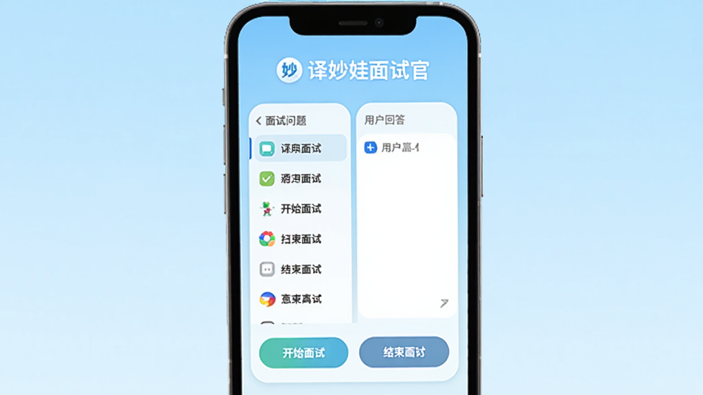 ���������Թ����������棬�ֻ���Ļ������ʾģ�����ԶԻ����ڣ��Ϸ������������Թ����ֱ�ʶ����������������б����Ҳ����û��ش����������ײ��п�ʼ���Ժͽ������԰�ť������Ϊǳ��ɫ���䣬����������ˬ����ƽ����ƣ�ͼ��Բ�󣬻����������޶���Ԫ��