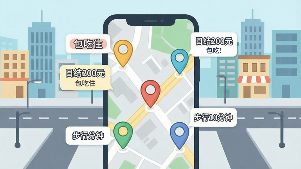 һ����Ϣͼ�����Ĳ廭������������һ���ֻ���ͼ���棬��ͼ�ϱ�ע�˶����ͬ��ɫ�Ķ�λͼ�꣬ÿ��ͼ���Աߵ���һ��С������ʾ���ս�200Ԫ��������ס��������10���ӡ��ȱ�ǩ�������Ǽ򻯵ĳ��нֵ��ͽ���������ƽ����ɫ�����£�ϸ����ȷ�����ʸɾ����޶���Ԫ��