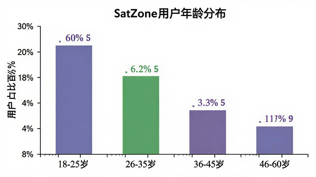 һ��չʾSatZone�û�����ֲ�����״ͼ��ͼ������Ϊ��SatZone�û�����ֲ���������Ϊ�����18-25�ꡢ26-35�ꡢ36-45�ꡢ46-60�꣬����Ϊ�û�ռ�Ȱٷֱȡ�����Ϊͼ�����У�����Ϊ��ɫ�����Ϊ��������ͼ����ϸ�ڰ�����������״���Ͱٷֱ���ֵ��ǩ�����ʸɾ����޶���Ԫ�ء�