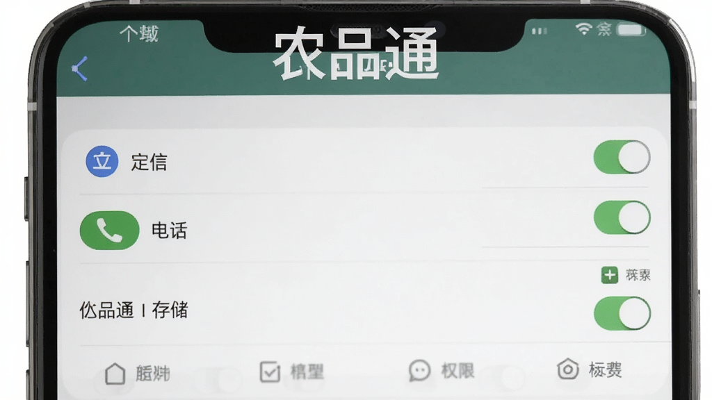 ũƷͨAPPȨ��������������ʾ��ͼ���ֻ���Ļ��ʾӦ��Ȩ�޹���ҳ�棬������λ���绰���洢��Ȩ�޿��أ������࣬����Ϊ�ֻ����ò˵����ɫ���ԻҰ�Ϊ������ť���������ʸɾ����޶���Ԫ�أ���ע���֡�ũƷͨ������Ļ���ˡ�