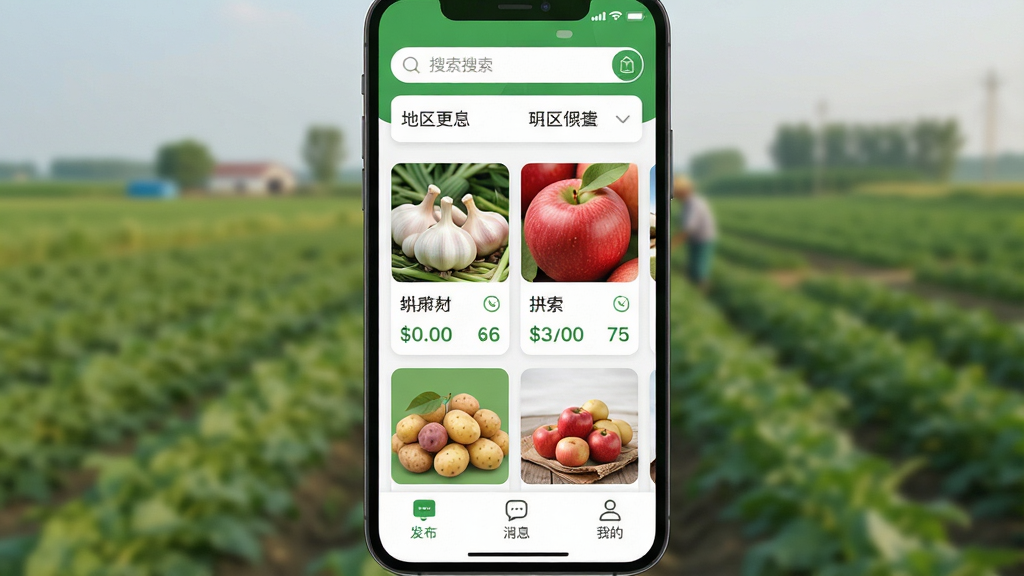 ũƷͨ����������ȫòչʾ������Ϊһ�������ֻ�����Ļ��ʾũƷͨAPP��ҳ������������������������͵���ѡ���м��ǹ�����ũ��Ʒ������Ϣ��Ƭ���������⡢ƻ����������ͼƬ�ͼ۸񣬵ײ��Ƿ�������Ϣ���ҵ�����ѡ���������Ϊ���µ���ɫ�Ͱ�ɫ���䣬��ƽ����ƣ�ϸ��Բ�󣬻��ʸɾ����޶���Ԫ�أ�����Ϊ�黯��ũ���⡣
