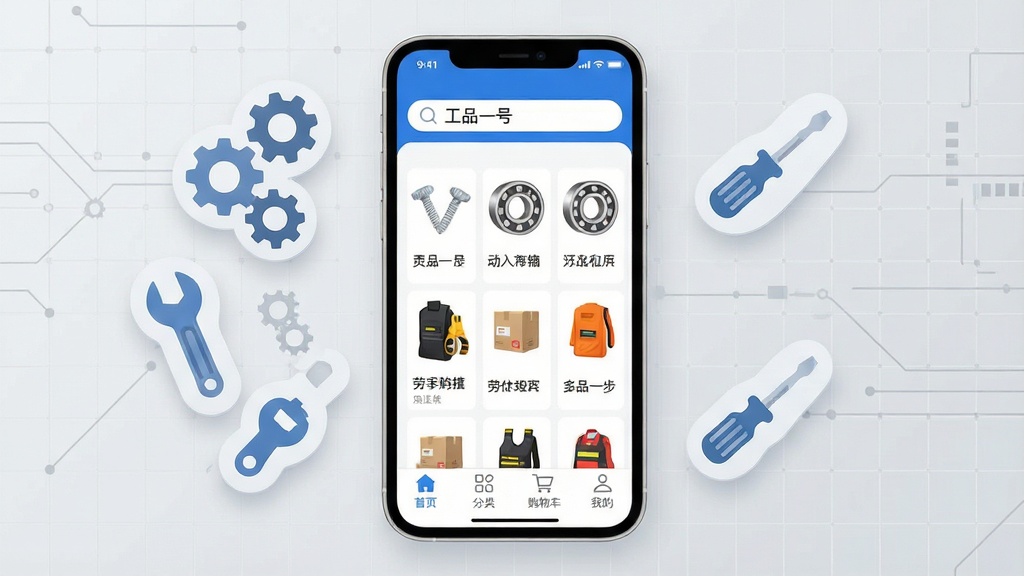 ��Ʒһ��Ӧ��������ȫòչʾ���ֻ���Ļ���У���������Ϊ������ɫ�Ĺ�ҵƷ�ɹ�APP���棬������������д�С���Ʒһ�š��������м�չʾ��˿����С��ͱ���Ʒ����Ʒ���񣬵ײ�������������ʾ����ҳ�������ࡱ�����ﳵ�����ҵġ����ֻ���ΧƯ���ų��֡����֡���˿���ȹ�ҵԪ��ͼ�꣬����Ϊǳ��ɫ�Ƽ����������������������ִ���ƽ�������������ɾ���ϸ��Բ���޶���Ԫ��