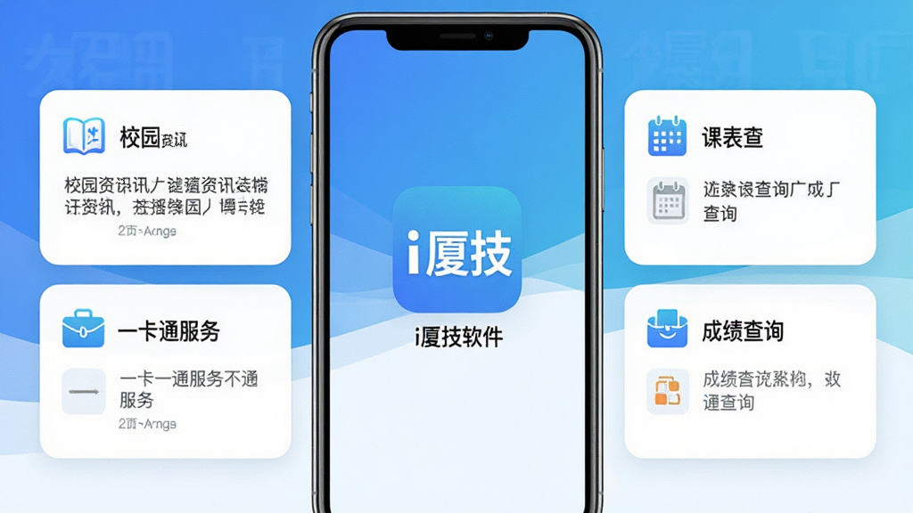 i厦技软件主界面全貌展示,手机屏幕中央显示“i厦技”应用图标与名称,界面布局包含校园资讯、课表查询、一卡通服务、成绩查询四大功能卡片,背景为蓝白渐变的现代扁平化设计风格,整体画面干净简洁,画质清晰,无多余元素
