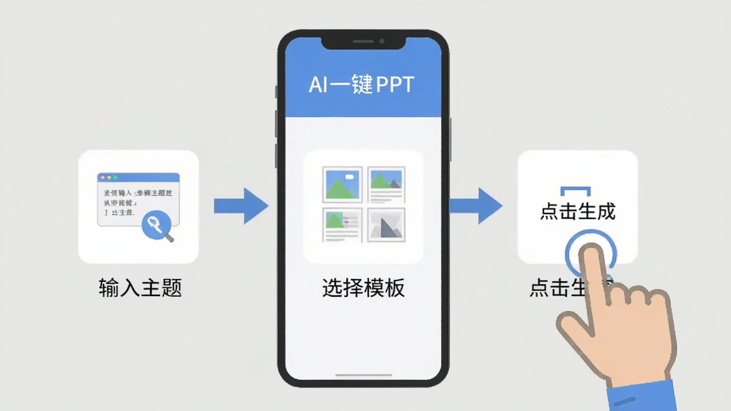 AIһ��PPT ��������ʾ��ͼ��������һ���ֻ���ʾAIһ��PPT�������������裬��һ���������⣬�ڶ���ѡ��ģ�壬������������ɣ�ÿһ�����м�ͷ���ӣ��ֻ��Ա�����ָ�����ͼ��ʾ�������������࣬����ƽ�������ʸɾ����޶���Ԫ�ء�