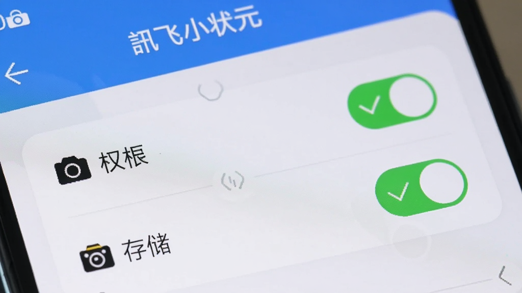 手机屏幕特写,显示“讯飞小状元”App的权限设置页面,相机和存储权限开关处于打开状态,旁边有绿色对勾图标,背景是手机系统设置界面,整体风格简洁明了,画质清晰,无多余元素