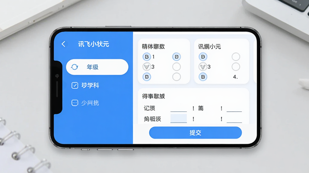 手机屏幕展示“讯飞小状元”的同步练习界面,左侧是年级和学科选择列表,右侧是题目卡片,卡片上有选择题和填空题,底部有提交按钮,画面采用蓝白配色,卡片圆角设计,背景是浅灰色学习桌面,整体风格清爽简洁,画质干净,无多余元素