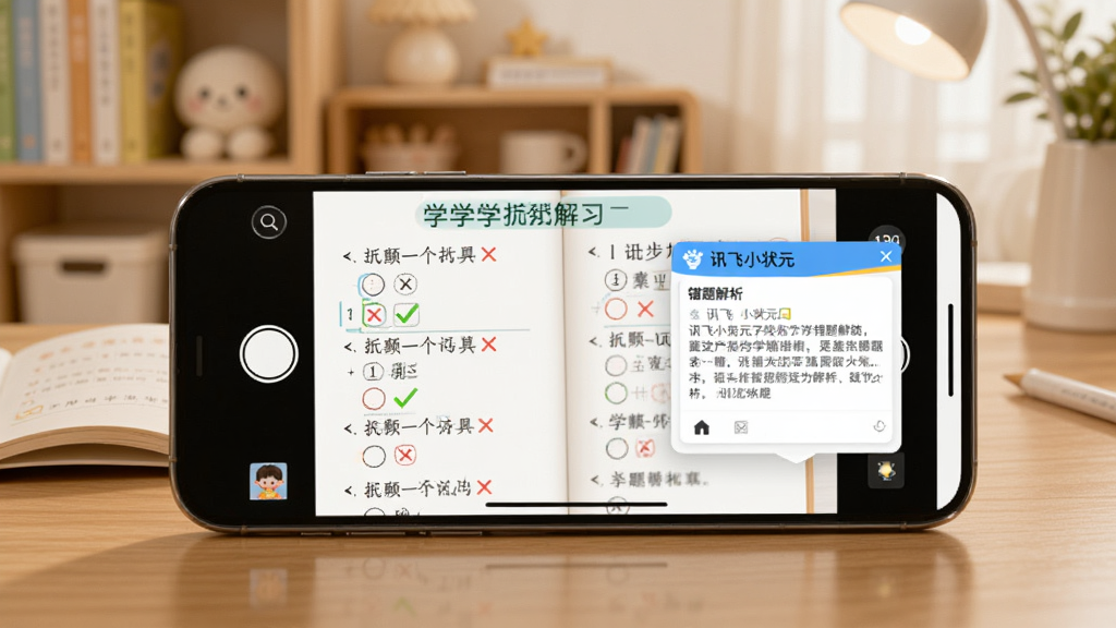 一部手机平放在桌面上,摄像头正对着一本小学数学练习册,手机屏幕显示拍照批改界面,画面中有绿色对勾和红色叉号标记的题目,旁边弹出小窗口显示“讯飞小状元”的错题解析文字,背景是温馨的家庭书房环境,光线明亮柔和,整体风格写实且干净,画质清晰,无多余元素