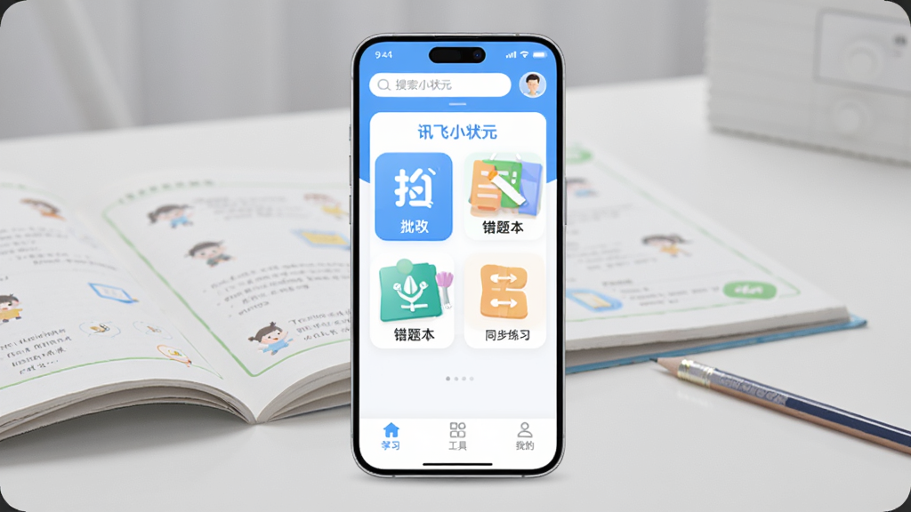画面中央展示一部智能手机,屏幕上显示“讯飞小状元”App的主界面,界面以蓝白色调为主,顶部有搜索框和用户头像,中间是拍照批改、错题本、同步练习三个大功能入口图标,底部是学习、工具、我的三个导航栏,背景是干净的书桌桌面,放着一本打开的练习册和一支铅笔,整体风格现代简洁扁平化,画质清晰干净,无多余元素
