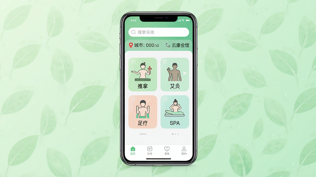 һ��չʾ���ƿ���ݡ�App��������ֻ�����ͼ�������������ֻ���Ļ����Ļ����ʾApp��ҳ��������������ͳ��ж�λ���м��ǽ����������ͼ�꣨���á����ġ����ơ�SPA�����ײ��ǵ�����������Ϊ�ɾ���͵�ǳ��ɫ���䣬����ִ���Լ��ϸ�����������ʸɾ��޶���Ԫ�أ�����ɫ��������Ȼ��