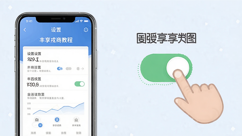 丰享戎商App使用教程示意图,画面中一部手机屏幕显示设置界面,旁边有手指点击权限开关的图标,背景为浅色,风格简洁明了,画质清晰,无多余元素。