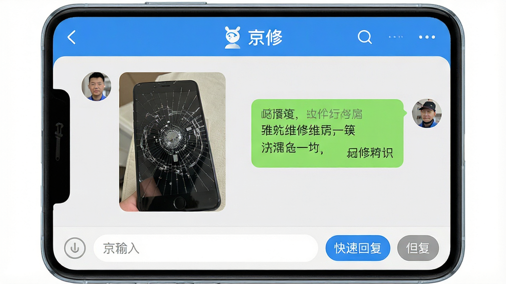 һ��չʾ�����ޡ�App��������ͼƬ����Ļ����ά��ʦ����ͻ��ĶԻ����ڣ�����ǿͻ��������ֻ�������Ƭ���Ҳ���ʦ���ظ��ı������֣����涥���С����ޡ�Logo���ײ��������Ϳ�ݻظ���ť�����岼�ּ�࣬������£�ϸ��Բ�󣬻��ʸ��壬�޶���Ԫ��