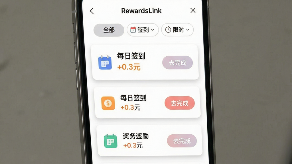 һ��RewardsLink�����б�������ֻ���ͼ���ͼƬ���������ֻ���Ļ����ʾRewardsLink����ۺ�ҳ�棬�����Ϸ���ɸѡ��ǩ��ȫ������ǩ��������ʱ�����м����������е�����Ƭ��ÿ����Ƭ���������ͼ�ꡢ�Ҳ��ǽ������͡�ȥ��ɡ���ť���Ű����룬�����ˬ��ƽ��ϸ���Ͽ�Ƭ����΢��Ӱ����ťɫ����ͣ����ʸɾ�����Ļ�����ֿɼ���RewardsLink����ÿ��ǩ������+0.3Ԫ������������Ϊ��ɫ���޶���װ��Ԫ�ء�