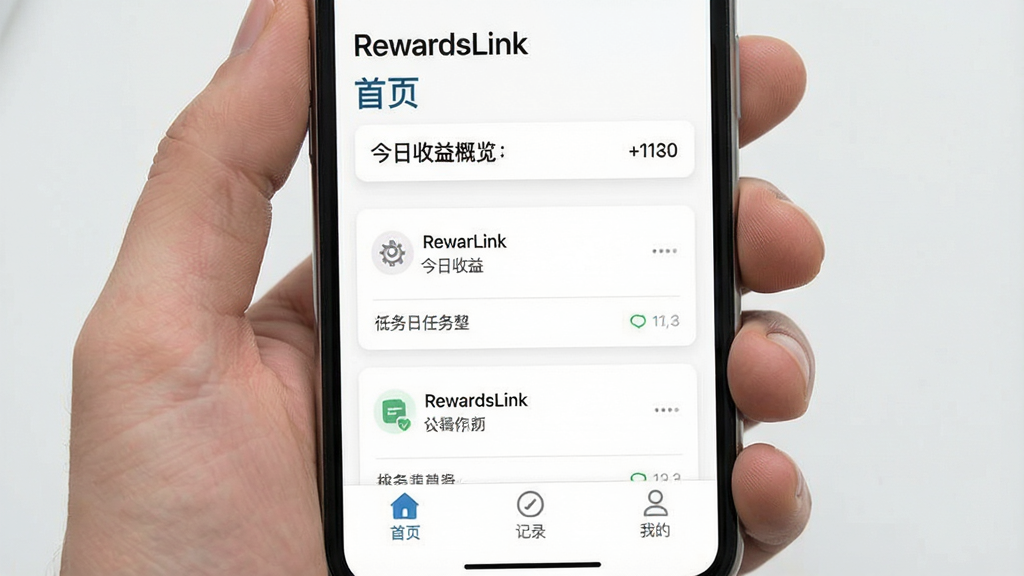 һ��RewardsLink������������߼�ʾ��ͼ���ֻ���ͼ���ͼƬ���������ֻ���Ļ����ʾRewardsLink��ҳ�������Ϸ����ʺ���ͽ�������������м�������Ƭ�����ײ�����������ͼ�꣬�Ű�ɾ����䣬��񼫼��ƽ��ϸ����ͼ������ͳһ�����ֲ㼶���������ʸɾ�����Ļ�����ֿɼ���RewardsLink������ҳ������¼�����ҵġ�����������Ϊ���ף��޶���װ�Ρ�