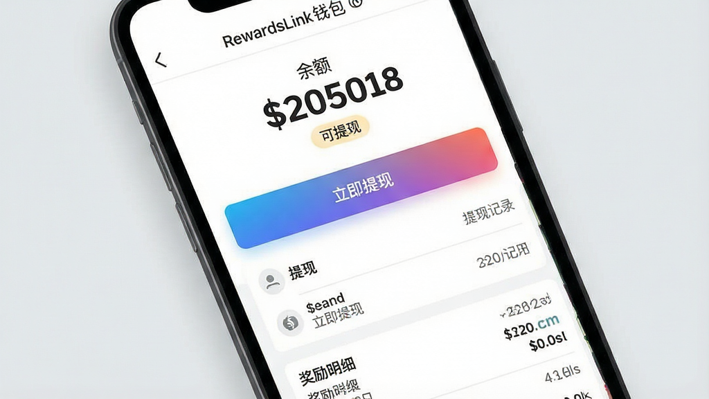 һ��RewardsLink��������������ҳ����ֻ���ͼ���ͼƬ���������ֻ���Ļ����ʾRewardsLinkǮ�����棬�����Ϸ��ǵ�ǰ�������ֺ͡������֡���ǩ���м������ְ�ť�����ּ�¼�б����·��ǽ�����ϸ���Ű�������������ִ���ϸ��������������Ŀ����ť�н���ɫ�ʣ����ʸɾ�����Ļ�����ֿɼ���RewardsLink���������������֡�����������Ϊǳ��ɫ���޶���Ԫ�ء�