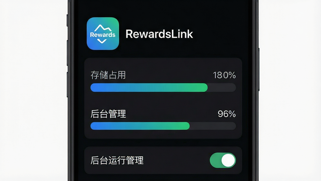 һ��չʾRewardsLink�����������Ե��ֻ���ͼ���ͼƬ���������ֻ���Ļ����ʾRewardsLinkӦ����Ϣҳ�棬�����Ϸ���Ӧ��ͼ������ơ�RewardsLink�����м��Ǵ洢ռ�ú��ڴ�ռ�����������·��ǡ���̨���й��������أ��Ű��࣬���Ƽ��б�ƽ��ϸ���������������̽��䡢ͼ�����������ʸɾ�����Ļ�����ֿɼ���RewardsLink�����洢ռ�á�����̨����������������Ϊ��ɫģʽ���޶���Ԫ�ء�