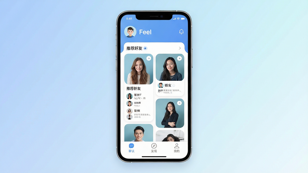 һ��չʾFeel�罻App���Ľ��������ȫòͼ������Ϊһ���ִ������ֻ�����Ļ������ʾFeelӦ�õ���ҳ�����ֲ��ö����û�ͷ�����ǳơ��в�Ϊ�Ƽ����ѿ�Ƭ�ٲ������ײ�Ϊ���졢���֡��ҵ���������ͼ�꣬�����Ű������������Ϊ�ִ���ƽ����ƣ�ϸ�ڰ���Բ��Ŀ�Ƭ�߽Ǻ���͵�������ɫ�����ʸɾ��޶���Ԫ�أ���������������Ϊ��ɫ���䣬������װ�Σ���������ͨ͸���ֻ���Χ���κζ������壬�۽���Ӧ�ý��汾����FeelӦ�ã��ɾ����޶���Ԫ�ء�