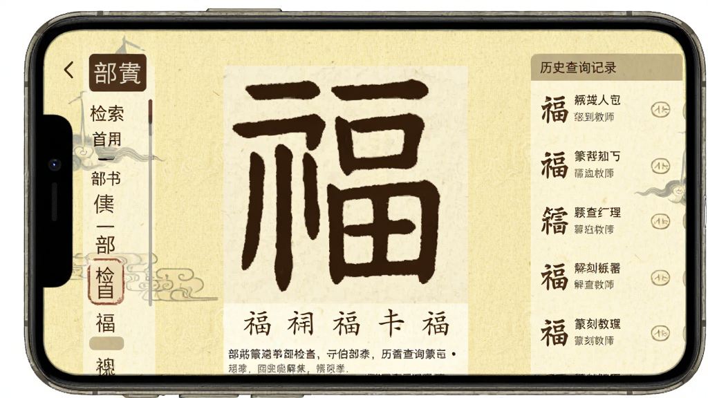 ׭�̽�ʦAPP׭���ѯ���棬�ֻ���Ļ��ʾһ��׭�顰�����ַŴ�չʾ�����·��п�����պ�����С�֣���Ļ����ǲ��׼��������Ҳ�����ʷ��ѯ��¼������Ϊ�¹���ֽ��������ɫΪǳ�Ƶ�����֣�������ţ����沼�����������ʸɾ��޶���Ԫ��