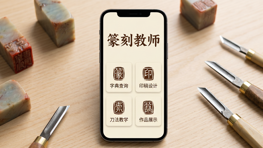 ׭�̽�ʦAPP������չʾ���ֻ���Ļ���з��ã�������ǳľɫ����������ɢ�伸��ӡʯ�Ϳ̵�����Ļ����ʾ׭�̽�ʦ�ĸ��ֱ��⣬�·�����׭���ֵ��ѯ��ӡ����ơ�������ѧ����Ʒչʾ�ĸ����ܿ�Ƭ��������������£��װ׵�ɫ���������֣�ͼ��Ϊӡ����ʽ������ɾ����࣬������ͣ��޶���Ԫ��
