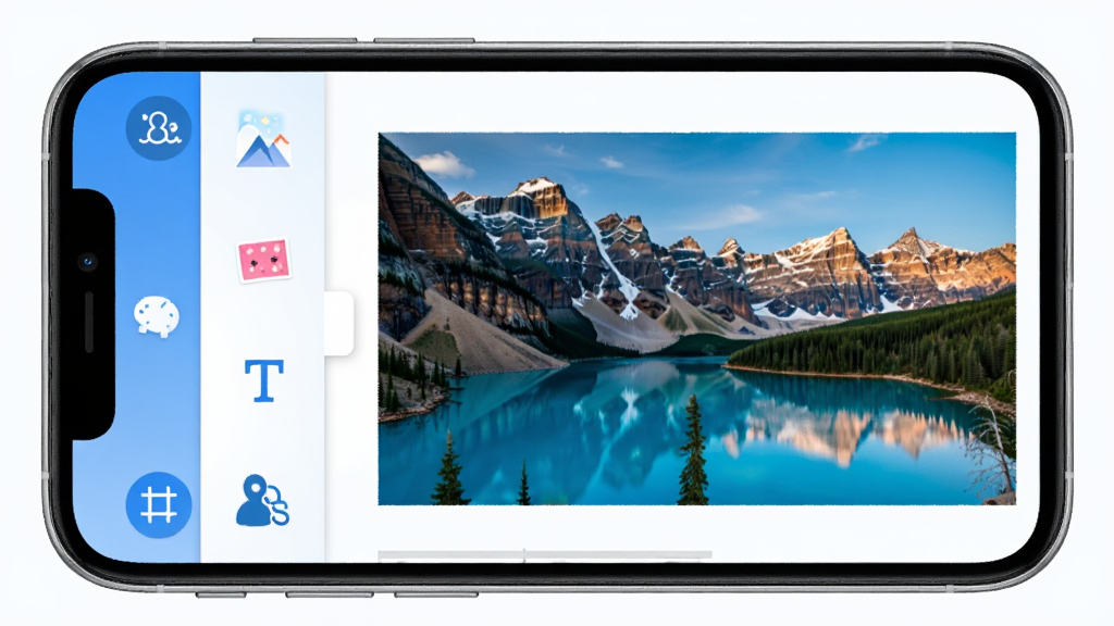 ����App������չʾ������������һ���ֻ���Ļ����Ļ����ʾ����App��ͼƬ�༭���棬����ǹ����������˾�����ֽ�����֡��ü���ͼ�꣬�Ҳ���ͼƬԤ����չʾһ�ŷ羰��Ƭ�����岼��������������¼�Լ��������ɫΪ�������ʸɾ����޶���Ԫ��