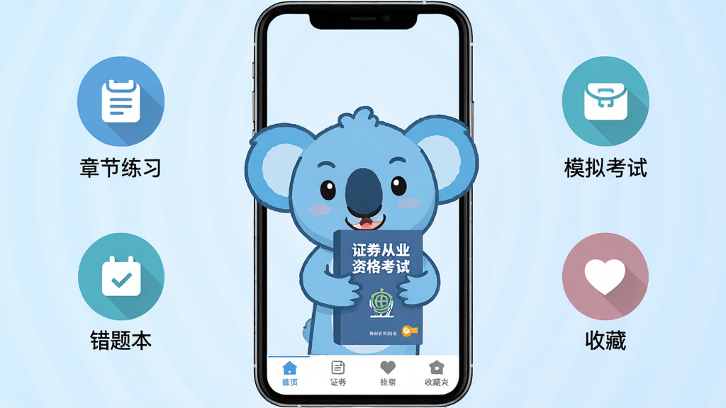 ֤ȯ��ҵ�⿼��App������չʾ���ֻ���Ļ������ʾ��ɫ������ͨ������֤ȯ��ҵ�ʸ��Խ̲ģ���Χ�����½���ϰ��ģ�⿼�ԡ����Ȿ���ղؼ��ĸ�����ͼ�꣬�ײ������������ɼ�������Ϊǳ��ɫ���䣬�����������죬��ƽ����ƣ����ʸɾ��޶���Ԫ��