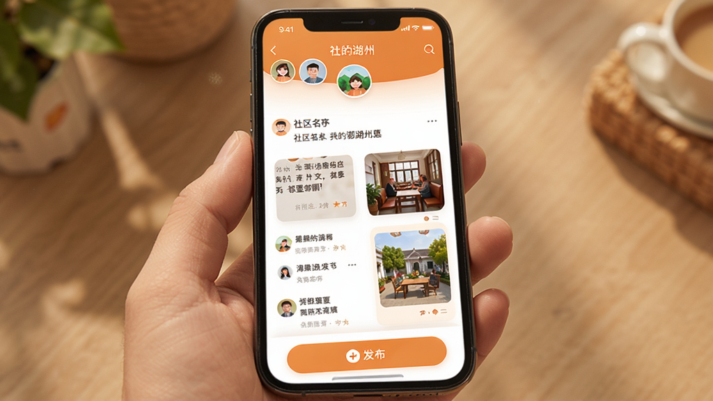 �ֻ���Ļչʾ���ҵĺ��ݡ�App����������ҳ�棬�������������ƺ�ͷ���·������ﶯ̬�б����������ֺ�ͼƬ���ݣ��ײ��з�����ť��������ůɫ��Ϊ����Բ�ǿ�Ƭ��ƣ���������Ѻã������������޶���װ��
