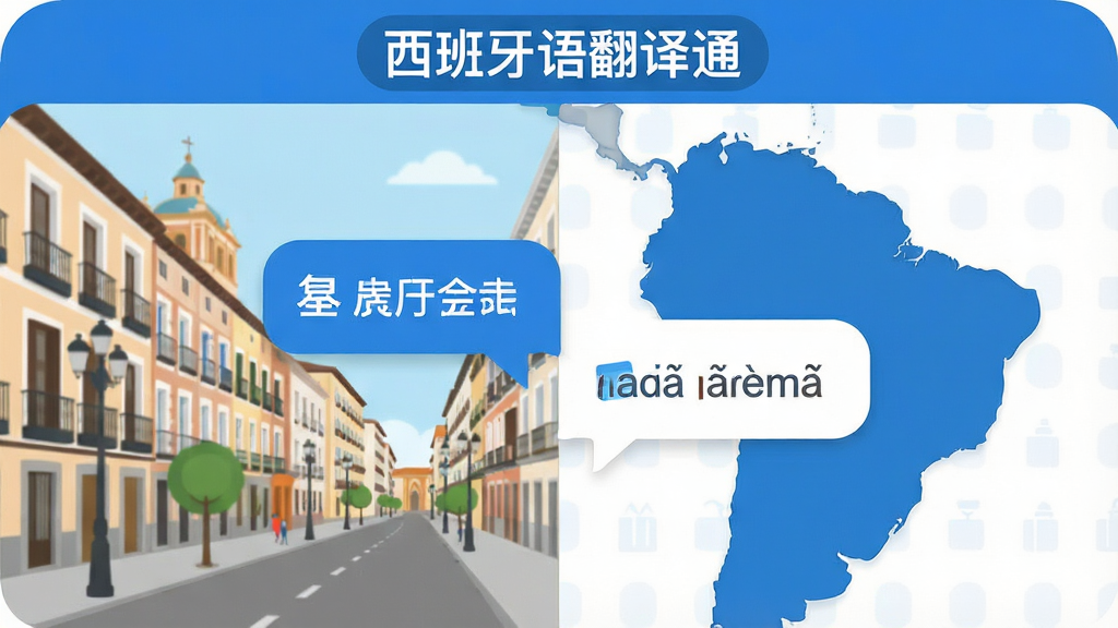 西班牙语翻译通 手机屏幕正中央显示中西双语对话气泡 左侧中文右侧西班牙语 背景是马德里街景与拉丁美洲地图轮廓 顶部有软件名称“西班牙语翻译通” 整体布局简洁 扁平化UI风格 蓝白配色 细节圆润 画质干净 无多余元素