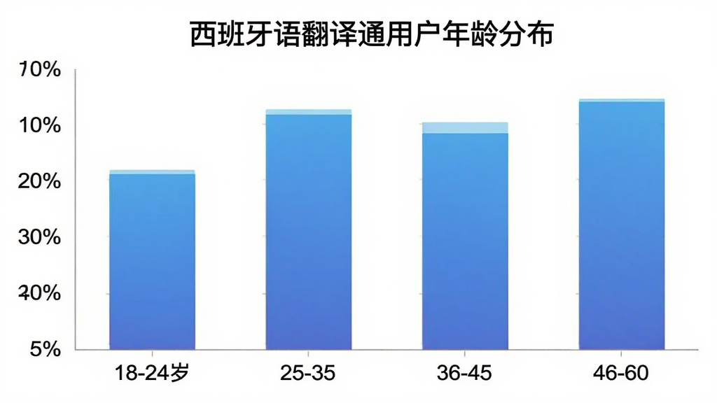 西班牙语翻译通 用户年龄分布柱状图 横轴为18-24岁、25-35岁、36-45岁、46-60岁 纵轴为占比百分比 柱状颜色为蓝色渐变 顶部标题“西班牙语翻译通用户年龄分布” 背景干净 扁平化图表风格 无多余元素