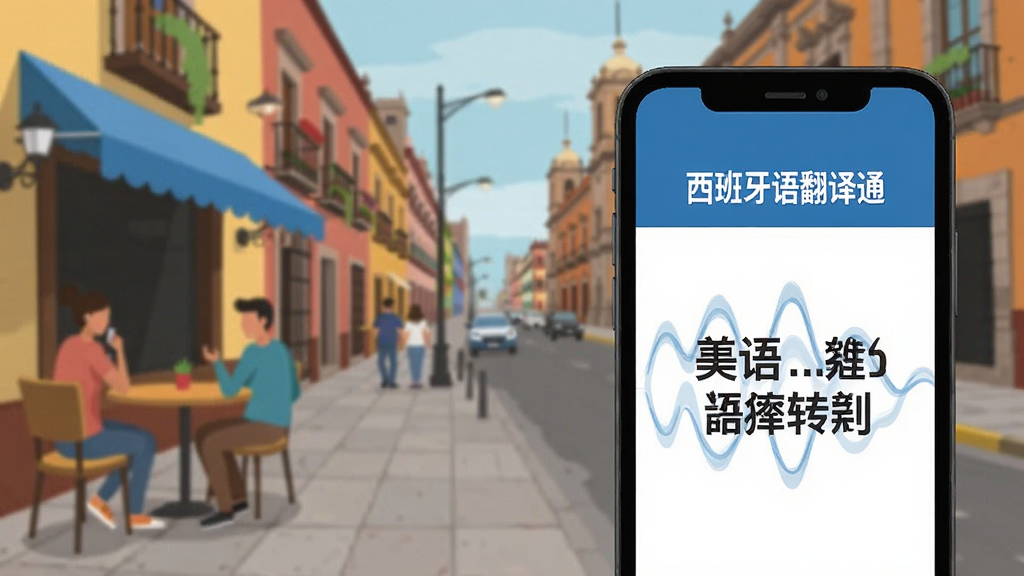 西班牙语翻译通 界面展示语音输入波纹动画 中文语音转西班牙语文字 背景为墨西哥城街边咖啡馆 手机屏幕上有“西班牙语翻译通”标识 布局清晰 扁平化设计 蓝白主色调 画质干净 无多余元素