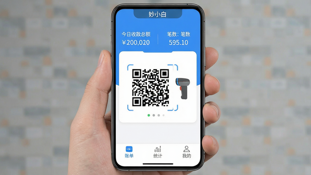 һ���ֻ�Ӧ�ý����ͼ��չʾ����С�ס�APP�������棬������ʾ�����տ��ܶ�ͱ������м�����Ŀ���տ��ά���ɨ��ǹͼ�꣬�ײ�Ϊ�˵���ͳ�ƺ��ҵ�����ѡ������岼��������������ɫ������ִ���ƽ�����ֱ�ǩ��ȷ�����ʸɾ��޶���Ԫ��