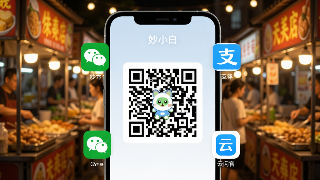 һ���ֻ���Ļ��д����ʾ����С�ס�APP���տ�ۺϽ��棬��Ļ������һ����Ķ�ά�룬��Χ������΢�š�֧��������������Сͼ�꣬���������ֵ�ҹ��̯λ��ůɫ���ƹ⣬���дʵ��ϸ�ڷḻ������������ͻ����ݸ�