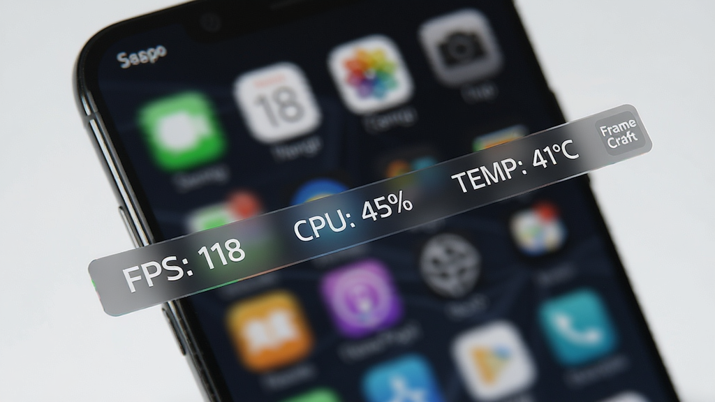 �ֻ���Ļ��Ե��һ��ϸ���İ�͸���������������ð�ɫ������ʾ�š�FPS: 118������CPU: 45%������TEMP: 41��C�����������ֻ�����Ļ����񼫼�Ƽ��У�ϸ�����������ʸɾ��޶���Ԫ�أ������������С�FrameCraft����΢�ͱ�־