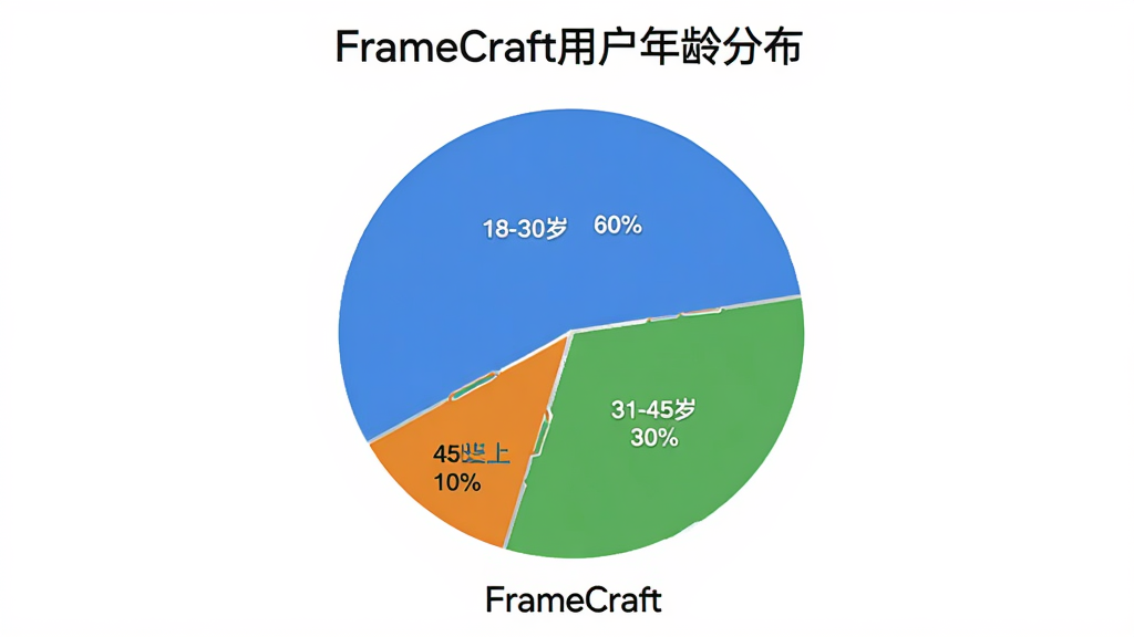 һ����״ͼ������Ϊ��FrameCraft�û�����ֲ�������ͼ��Ϊ���飬18-30��ռ60%����ɫ��ʾ��31-45��ռ30%����ɫ��ʾ��45������ռ10%�ó�ɫ��ʾ��ͼ��������ִ�������Ϊ��ɫ��ϸ�����������ʸɾ���ͼ���·��С�FrameCraft������