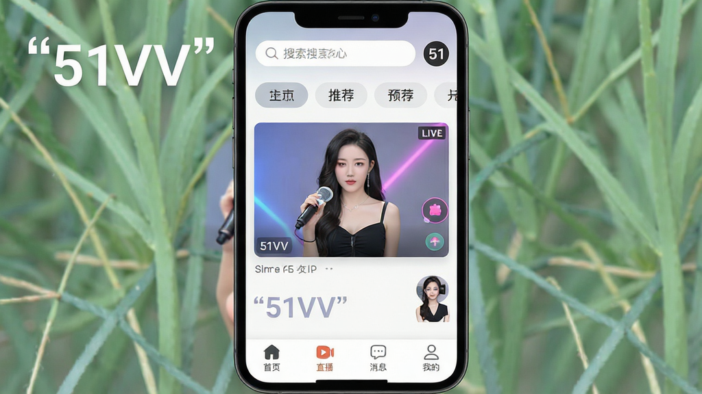 一张展示51VV软件核心全貌的图片,主体是一个智能手机屏幕,屏幕内显示51VV的主界面,顶部有搜索栏和推荐标签,中间是正在直播的才艺主播画面,底部是首页、直播、消息、我的四个导航图标,布局清晰,排版简洁,风格现代扁平化,细节圆润,画质干净无多余元素,文字必须加引号,必须包含