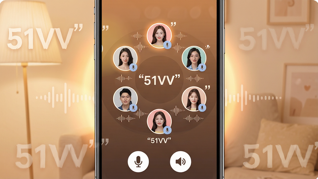 一张展示51VV实时语音互动交友功能的图片,主体是一个手机屏幕显示语音聊天室的界面,屏幕中央有多个用户头像围成一圈,每个头像旁边有麦克风图标和声波纹理,底部有麦克风和扬声器控制按钮,布局对称,排版清晰,风格温馨社交风,细节有柔和的光晕,画质干净无多余元素,文字必须加引号,必须包含