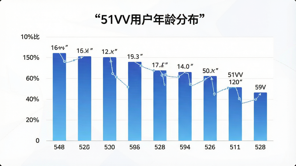 一张展示51VV用户年龄分布柱状图的图片,主体是一个柱状图,横轴是年龄区间,纵轴是人数百分比,柱状图颜色为渐变蓝色,图表上方有标题