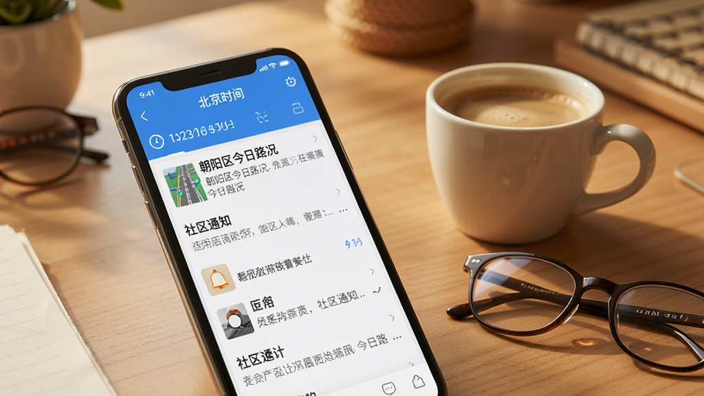一张AI生成的图片,画面中一部手机屏幕显示“北京时间”App的本地新闻推送列表,列表项包含“朝阳区今日路况”“社区通知”等文字标签,手机旁边放着一杯咖啡和一副眼镜,背景是温馨的桌面环境,风格生活化,画质清晰干净
