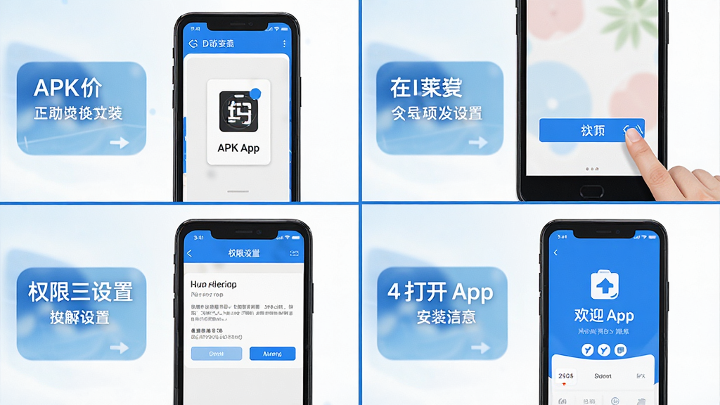 һ��չʾ�ֻ���װ��Ҳ�ڡ�App���̵Ĳ���ͼ�������Ϊ�ĸ񣺵�һ��������APK�ļ����ڶ����ǵ����װ��ť����������Ȩ�����ý��棬���ĸ��Ǵ�App��Ļ�ӭҳ�档ÿ�����м������˵�����������ֱ�ۣ�������ɫ��ϸ�ڸɾ������������޶���Ԫ�ء�