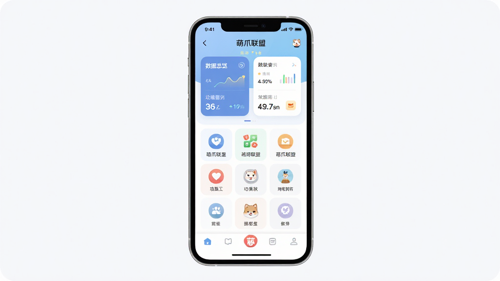 ��צ���� ����������չʾ������Ϊ�ֻ���Ļ�е�APP��ҳ�������Ϸ�������������Ƭ���м��ǹ�����ڹ��񣬵ײ�Ϊ���������Ű�������������ִ���ƽ����ϸ��Բ�󣬻��ʸɾ��޶���Ԫ�أ��ֻ���Ļ����ʾ���֡���צ���ˡ�