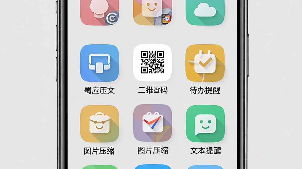 һ��չʾ��Ӧ�ƹ��߼��ϵ�ͼƬ��������һ���ֻ���Ļ����Ļ����������ʽ�����Ŷ������ͼ�꣬ÿ��ͼ���·�������˵�����ı�������ͼƬѹ������ά�롢�������ѣ�ͼ����ͳһΪԲ�Ǿ��Σ���ɫ���ã�����ǳ�ң���������������Ԫ��