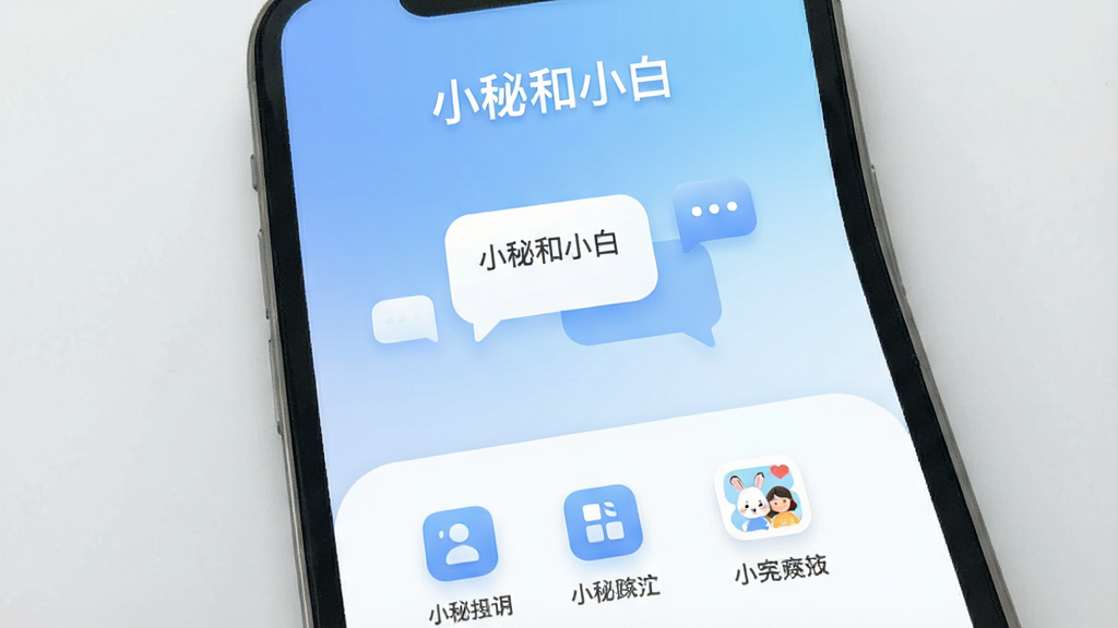 һ��չʾ�ֻ���Ļ��ͼƬ����Ļ����ʾ�š�С�غ�С�ס�App�������棬������Ƽ����ˬ�������С�С�غ�С�ס��������м��ǶԻ����ݺ͹������ͼ�꣬��������͵����׽���ɫ���������ִ���ƽ��ϸ��Բ�󣬻��ʸɾ��޶���Ԫ��