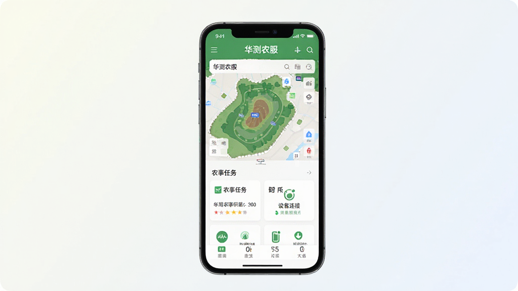 һ��չʾ����ũ��App���Ľ�����ֻ�����ͼ�������������ֻ���Ļ����Ļ����ʾ����ũ������ҳ����������ͼ��ũ������Ƭ���豸����״̬ͼ�꣬�����Ǹɾ���ǳɫ���䣬����ִ���ƽ��ϸ�����������ʸɾ��޶���Ԫ��