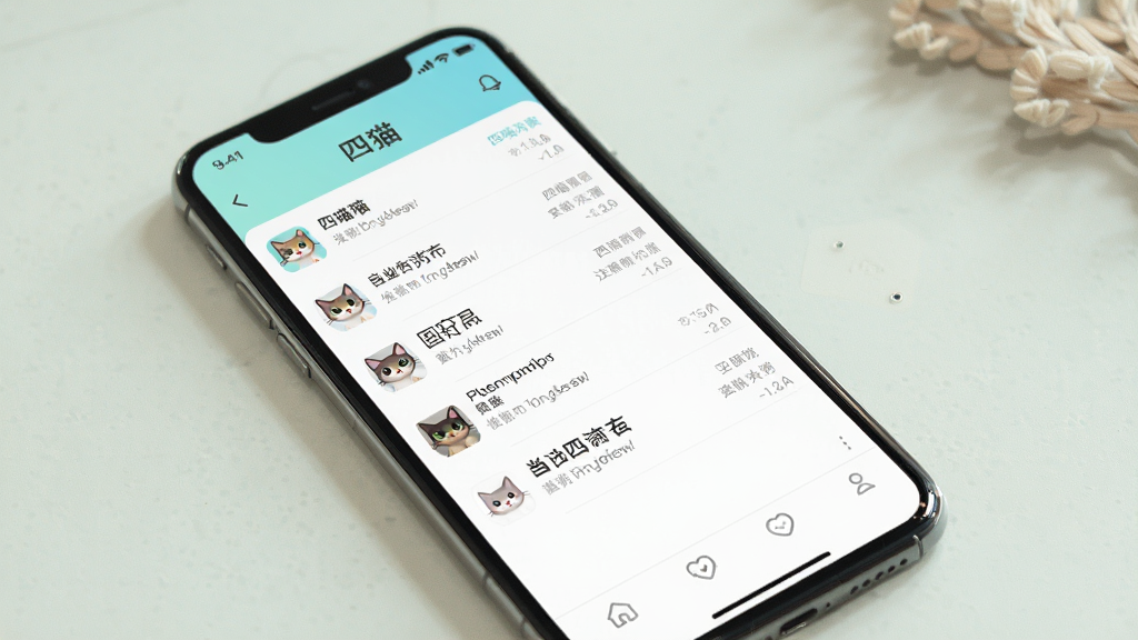 一张展示四喵App清爽界面的图片,手机屏幕显示四喵的主页面,界面干净无广告,只有聊天列表和底部导航栏,背景是淡雅的浅色,整体风格简约舒适,画质高清无多余元素