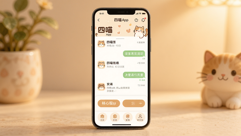 一张展示四喵App核心全貌的图片,画面中央是一部智能手机,手机屏幕上显示四喵App的主界面,界面设计简洁清新,有可爱的猫咪元素点缀,聊天列表和功能按钮排列整齐,背景是柔和的暖色调,整体风格温馨友好,画质高清干净,无多余元素