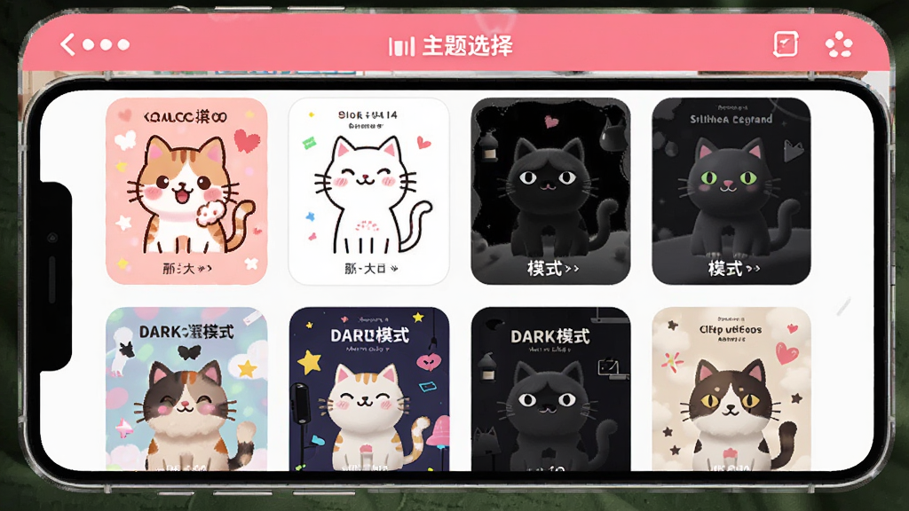 一张展示四喵App个性化装扮功能的图片,手机屏幕显示主题选择界面,有多个不同风格的主题缩略图,包括可爱猫咪、简约线条、暗黑模式等,界面色彩丰富,风格活泼,画质清晰干净