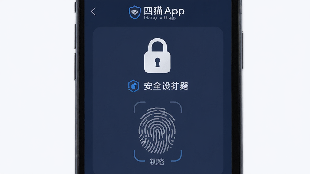 一张展示四喵App隐私保护功能的图片,手机屏幕显示安全设置界面,有锁形图标和指纹识别图案,界面以深蓝色为主色调,风格稳重专业,画质干净清晰