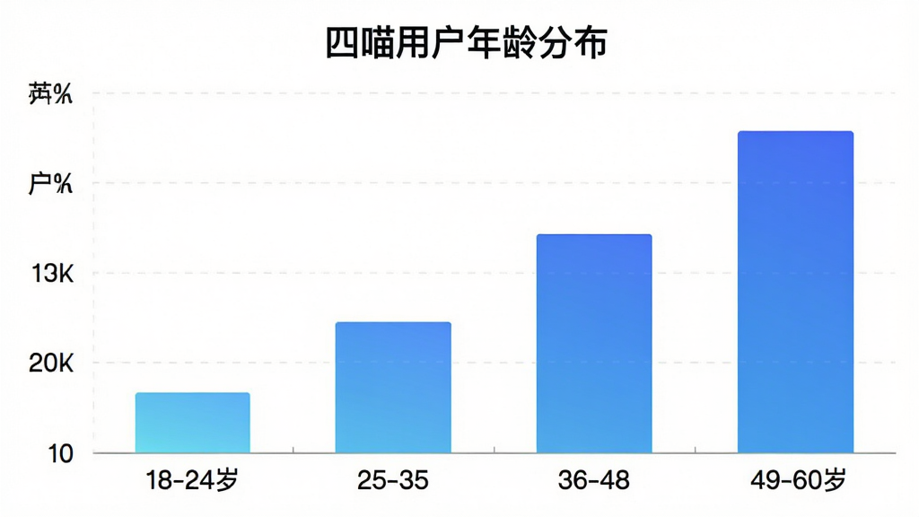 一张展示四喵App用户年龄分布的柱状图,横轴为年龄段18-24岁、25-35岁、36-48岁、49-60岁,纵轴为用户占比,柱状图颜色为渐变的蓝色系,图表标题为“四喵用户年龄分布”,背景干净简洁,画质清晰