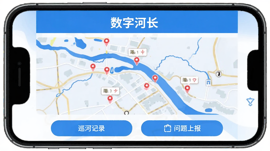 ���ֺӳ�APP������չʾ���ֻ���Ļ��ʾ�ӵ�Ѳ���ͼ����ͼ������ɫ���������ͺ�ɫ�����ǵ㣬�����С����ֺӳ������ֱ��⣬�ײ���Ѳ�Ӽ�¼�������ϱ���ť�������࣬������ɫ����ƽ����ƣ������������޶���Ԫ��