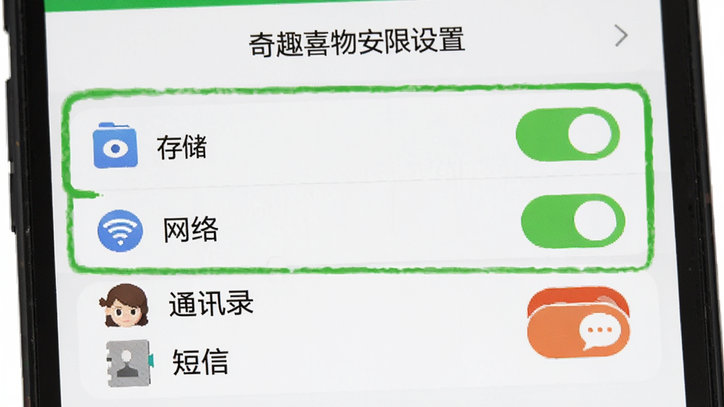 ��Ȥϲ�ﰲװȨ�����ý��棬�ֻ���Ļ��ʾӦ��Ȩ�޹���ҳ�棬�ص��ע���洢���͡����硱Ȩ��Ϊ����״̬����ͨѶ¼���͡����š�Ȩ��Ϊ�ܾ�״̬����������������ͻ��������࣬���ʸɾ�