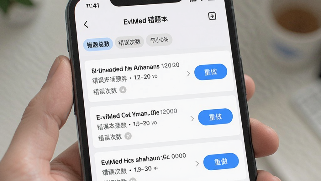 �ֻ���ĻչʾEviMed���Ȿҳ�棬������ʾ����������ɸѡ��ǩ���·��б�չʾ������Ŀ��ÿ��������ĿժҪ�ʹ��������ǣ��Ҳ���������ť����ɫ�԰�ɫ��ǳ��ɫΪ������׺��ɫ��ť������ɾ�����